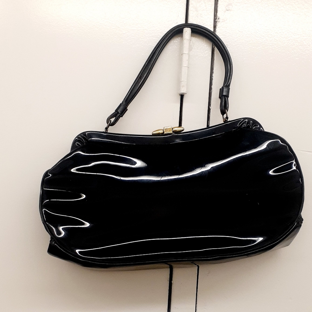 Vtg 60s Black Patent Rockabilly Kelly Bag Handbag Oversized Granny Purse - Picture 2 of 9